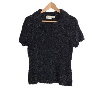 Neiman Marcus Medium Black Allover Sparkle‎ Tinsel Sparkle Collared Polo Top